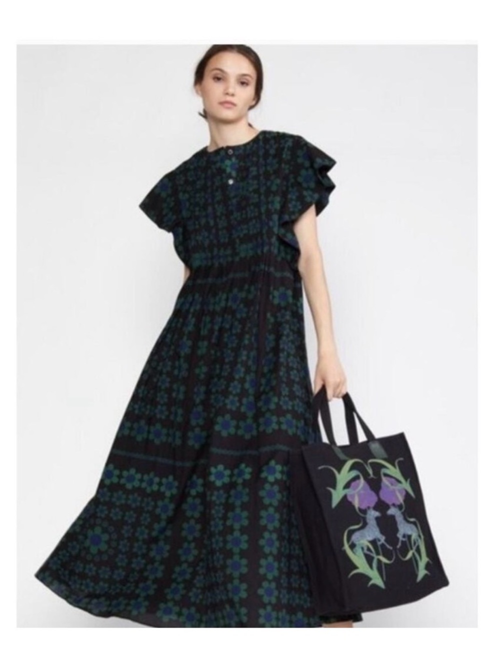 Cynthia Rowley Black Maxi Dress with Dark Green Floral Print